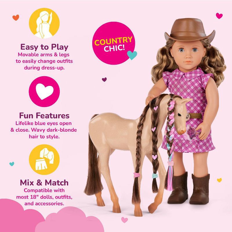 slide 3 of 8, Our Generation Callie with Hair Play Foal 18" Doll & Horse Accessory Set: Plastic & Polyester, Wavy Blonde Hair, Blue Eyes, 1 ct