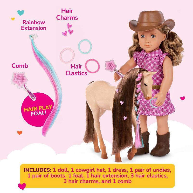 slide 4 of 8, Our Generation Callie with Hair Play Foal 18" Doll & Horse Accessory Set: Plastic & Polyester, Wavy Blonde Hair, Blue Eyes, 1 ct