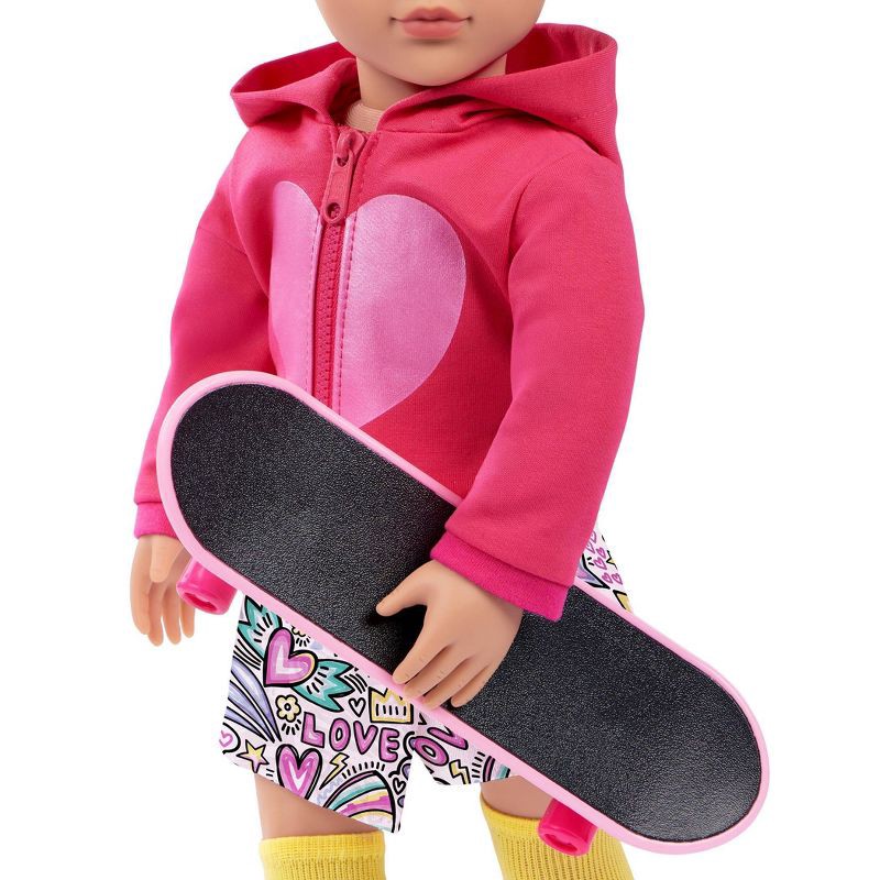 slide 4 of 7, Our Generation Skate Into Fun Outfit with Skateboard & Stickers Accessories for 18" Dolls: 8-Piece Sports Clothing Set, 1 ct
