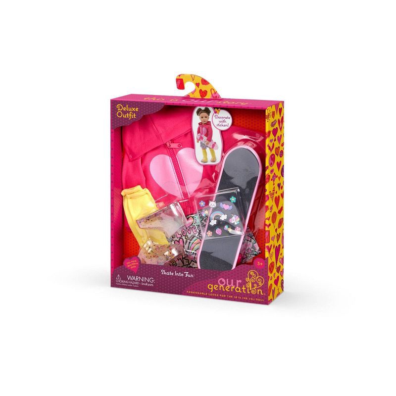 slide 7 of 7, Our Generation Skate Into Fun Outfit with Skateboard & Stickers Accessories for 18" Dolls: 8-Piece Sports Clothing Set, 1 ct