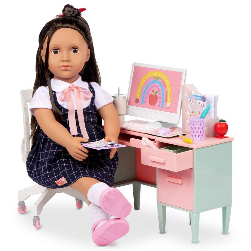 slide 3 of 6, Our Generation Class in Session Teacher's School Desk & Chair Set with Supplies Accessories for 18" Dolls, 1 ct