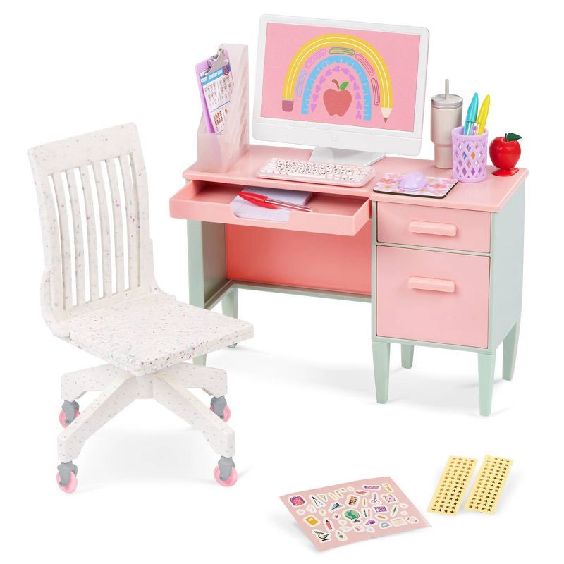slide 4 of 6, Our Generation Class in Session Teacher's School Desk & Chair Set with Supplies Accessories for 18" Dolls, 1 ct