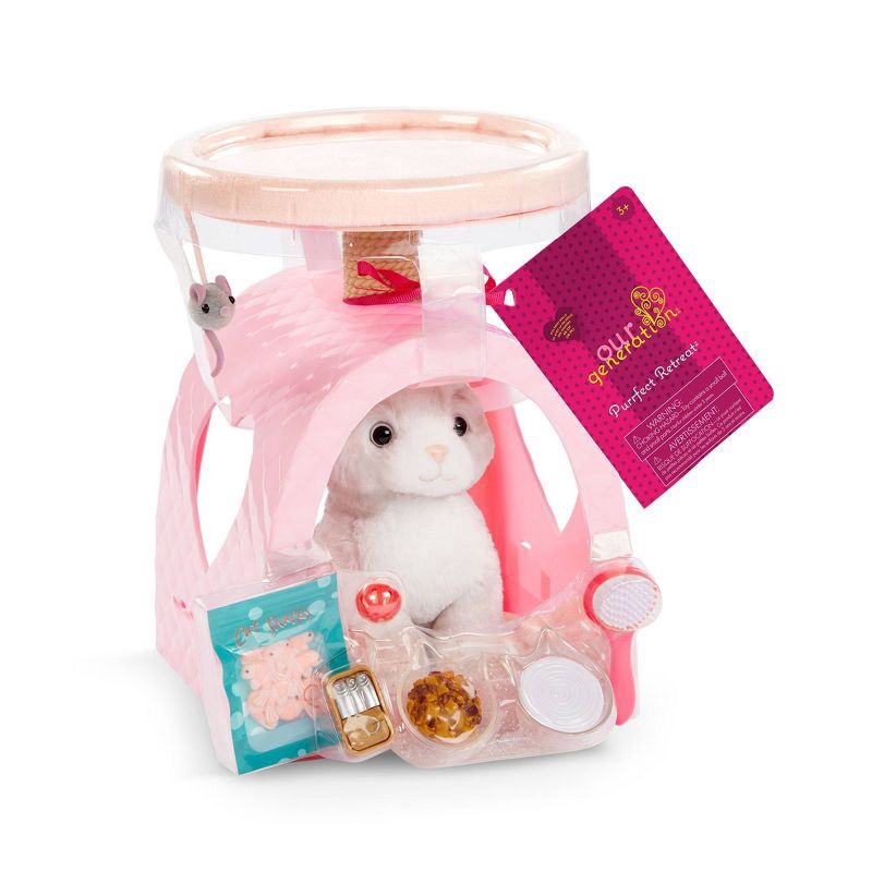 slide 6 of 6, Our Generation Purrfect Retreat Pink Cat House Tree Condo with Bed, Pet Plush Kitten & Accessories for 18" Dolls: 11-Piece Play Set, 1 ct