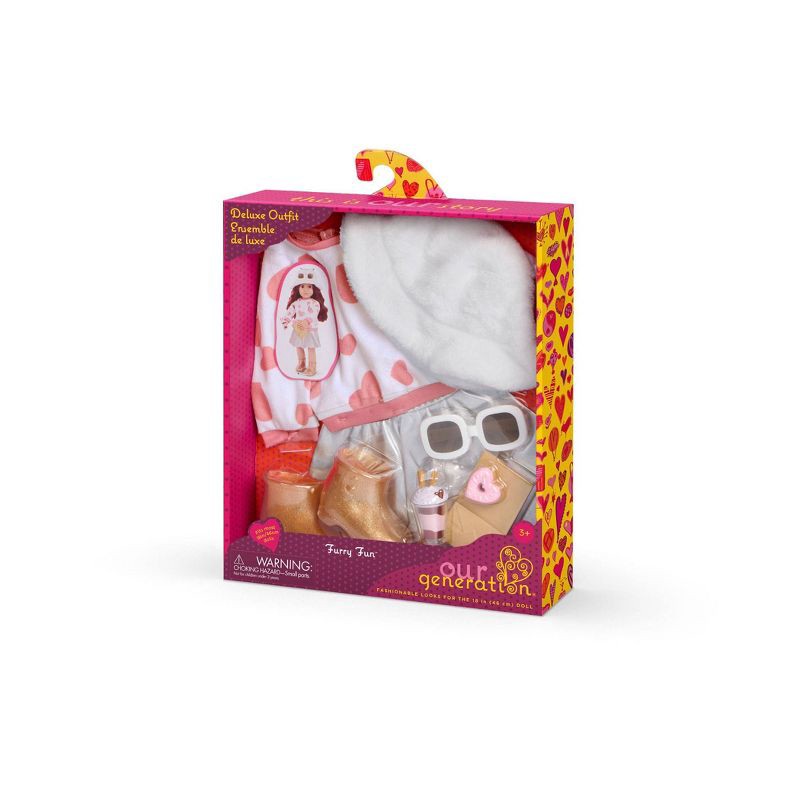 slide 5 of 5, Our Generation Furry Fun Heart-Print Sweater & Skirt Outfit with Accessories for 18" Dolls, 1 ct