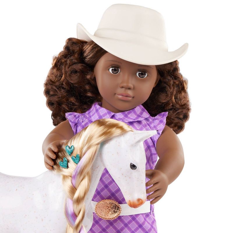 slide 6 of 8, Our Generation Valerie with Hair Play Foal 18" Doll & Horse Accessory Set: Equestrian Girl, Wavy Dark Brown Hair, 1 ct