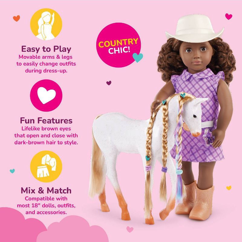 slide 3 of 8, Our Generation Valerie with Hair Play Foal 18" Doll & Horse Accessory Set: Equestrian Girl, Wavy Dark Brown Hair, 1 ct
