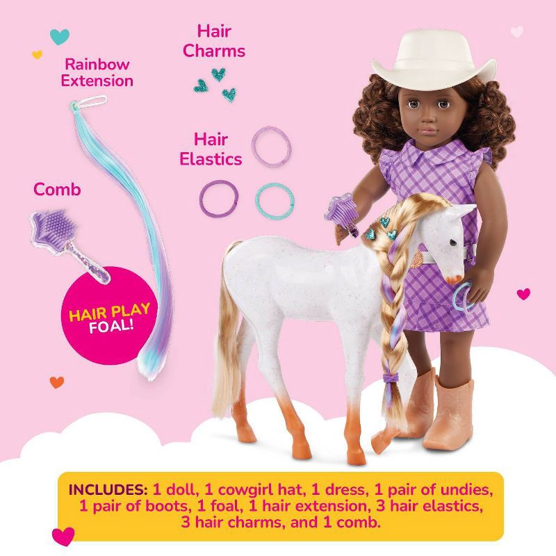 slide 4 of 8, Our Generation Valerie with Hair Play Foal 18" Doll & Horse Accessory Set: Equestrian Girl, Wavy Dark Brown Hair, 1 ct