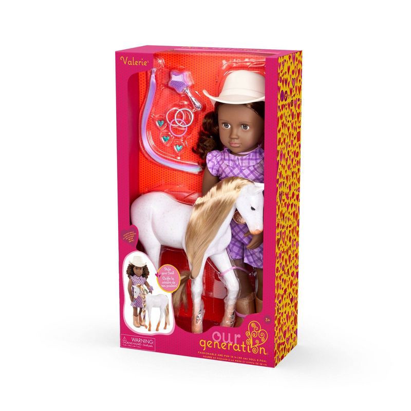 slide 8 of 8, Our Generation Valerie with Hair Play Foal 18" Doll & Horse Accessory Set: Equestrian Girl, Wavy Dark Brown Hair, 1 ct