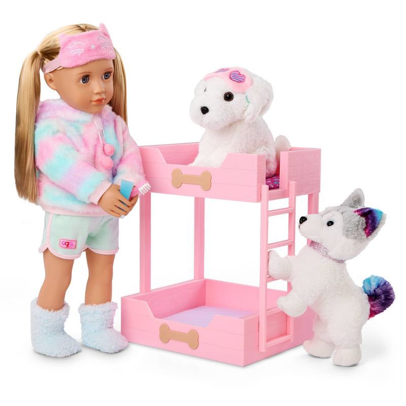slide 2 of 7, Our Generation Puppy Dreams Pink Bunk Bed with Pet Dog Plush Dollhouse Set: Fits 18" Dolls, Includes 11 Doll Accessories, 1 ct