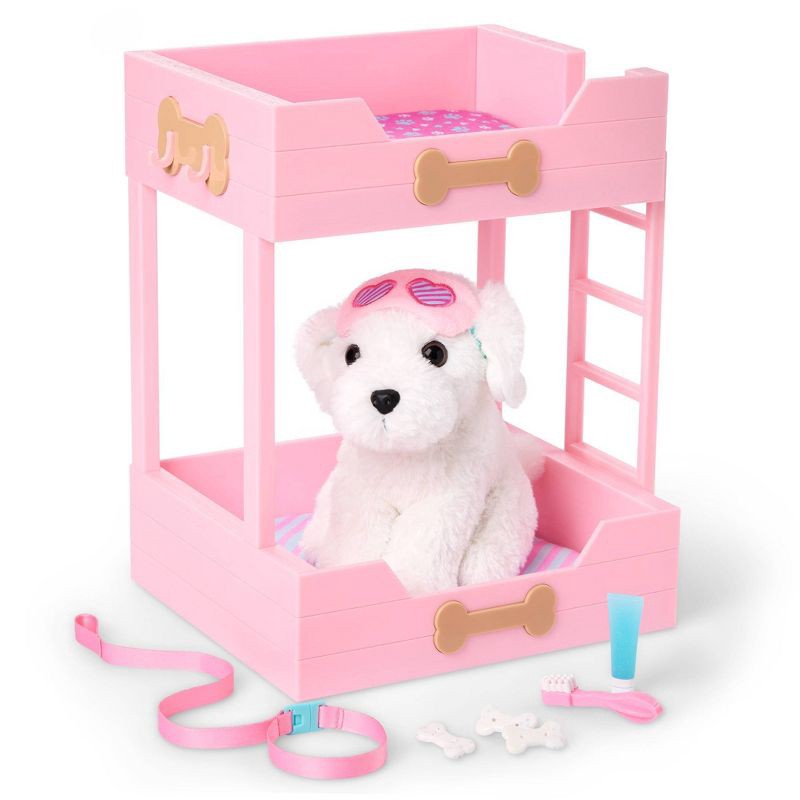 slide 5 of 7, Our Generation Puppy Dreams Pink Bunk Bed with Pet Dog Plush Dollhouse Set: Fits 18" Dolls, Includes 11 Doll Accessories, 1 ct