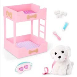 Our Generation Puppy Dreams Pink Bunk Bed with Pet Dog Plush Dollhouse Set: Fits 18" Dolls, Includes 11 Doll Accessories