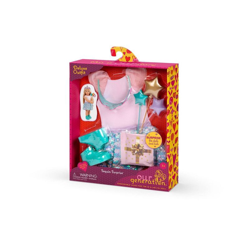 slide 5 of 5, Our Generation Sequin Surprise Party Outfit for 18" Dolls with Mystery Bag & Accessories: Fashion-Themed Girl Doll Clothing, 9 Pieces, 9 ct