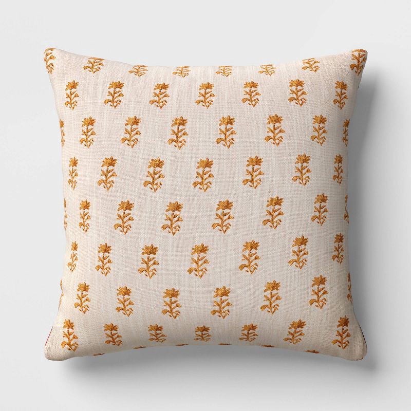 slide 2 of 4, Square Floral Reversible Throw Pillow with Block Print Yellow - Threshold™, 1 ct