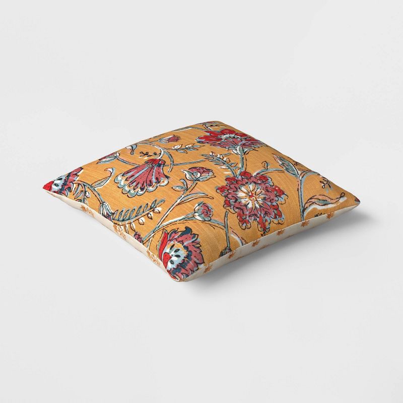 slide 3 of 4, Square Floral Reversible Throw Pillow with Block Print Yellow - Threshold™, 1 ct