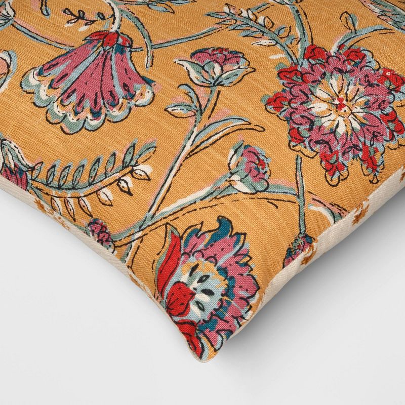 slide 4 of 4, Square Floral Reversible Throw Pillow with Block Print Yellow - Threshold™, 1 ct