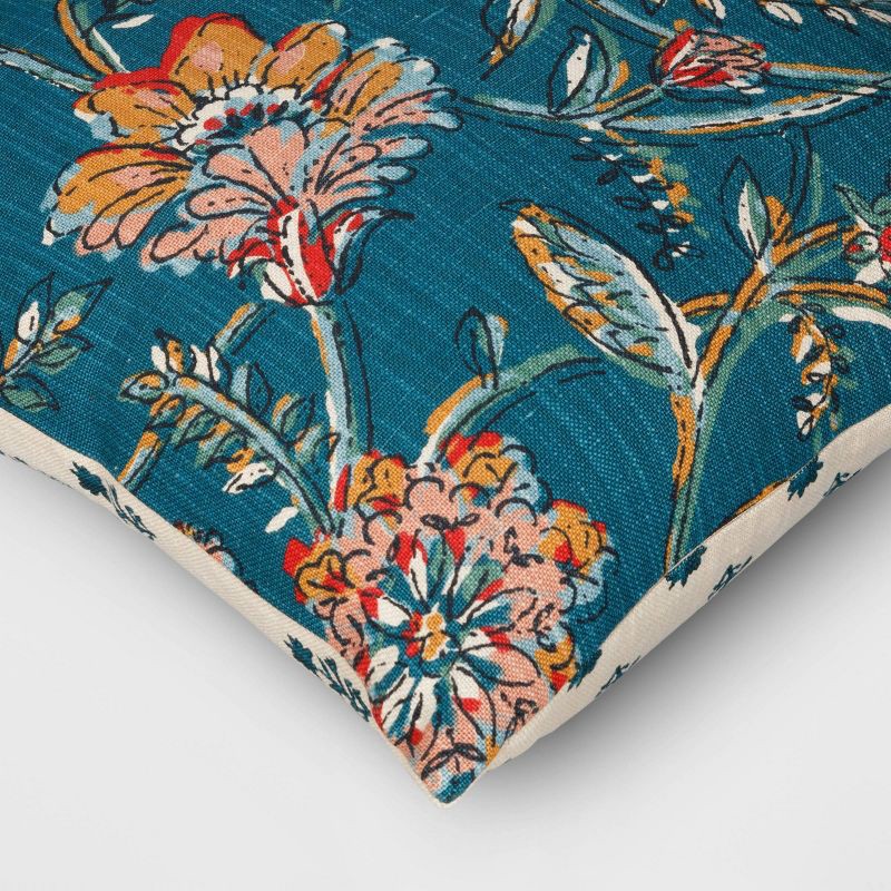 slide 4 of 5, Square Floral Reversible Throw Pillow with Block Print Teal - Threshold™, 1 ct