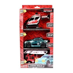 Maxx Action Chrome Rescue Vehicles 3pk Firetruck, Police Car and Helicopter with Lights, Sounds & Pull-Back Action Toys for Kids' Ages 3+