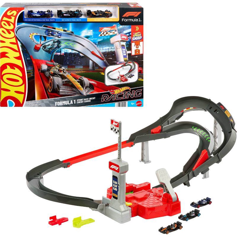 slide 13 of 14, Hot Wheels Racing Formula 1 Sprint Race Circuit Track Set with 3 Die-Cast Toy Cars in 1:64 Scale, 1 ct