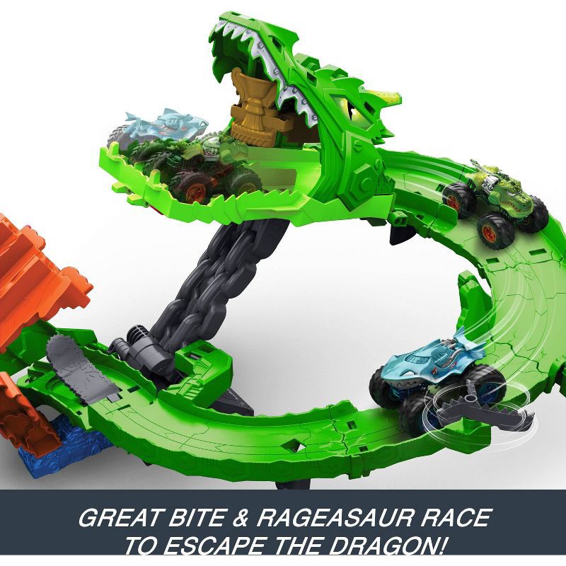 slide 3 of 6, Hot Wheels Monster Trucks Sharks vs. Dinos Dragon Destruction Playset and 2 Toy Trucks, 1 ct
