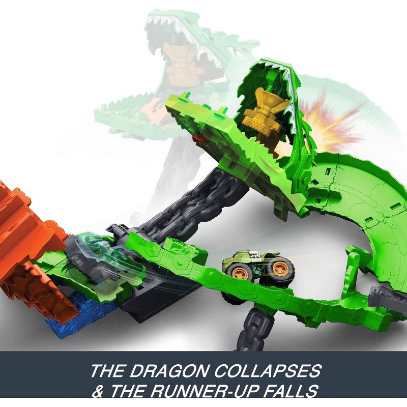 slide 4 of 6, Hot Wheels Monster Trucks Sharks vs. Dinos Dragon Destruction Playset and 2 Toy Trucks, 1 ct