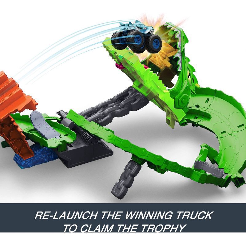 slide 5 of 6, Hot Wheels Monster Trucks Sharks vs. Dinos Dragon Destruction Playset and 2 Toy Trucks, 1 ct