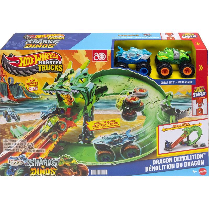 slide 6 of 6, Hot Wheels Monster Trucks Sharks vs. Dinos Dragon Destruction Playset and 2 Toy Trucks, 1 ct