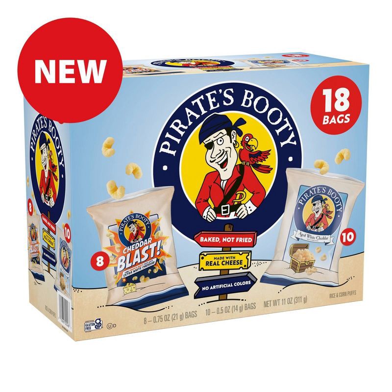 slide 3 of 5, Pirate's Booty Aged White Cheddar and Cheddar Blast Puffs Kids' Snack Variety Pack -11oz/18ct, 18 ct; 11 oz