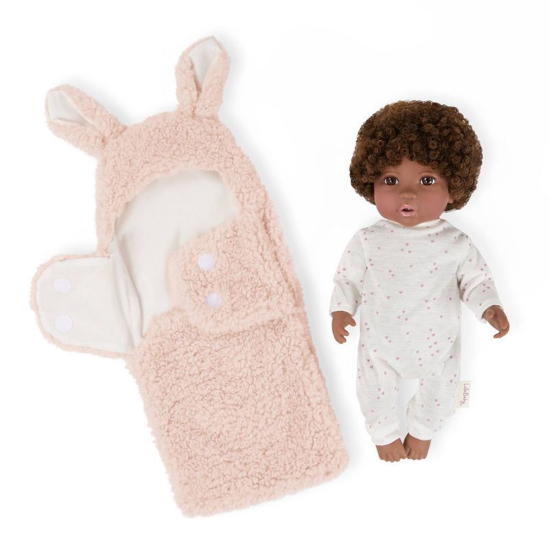 slide 1 of 8, LullaBaby 14" Baby Doll with Curly Brown Hair and Brown Eyes with Cuddler Wrap, 1 ct