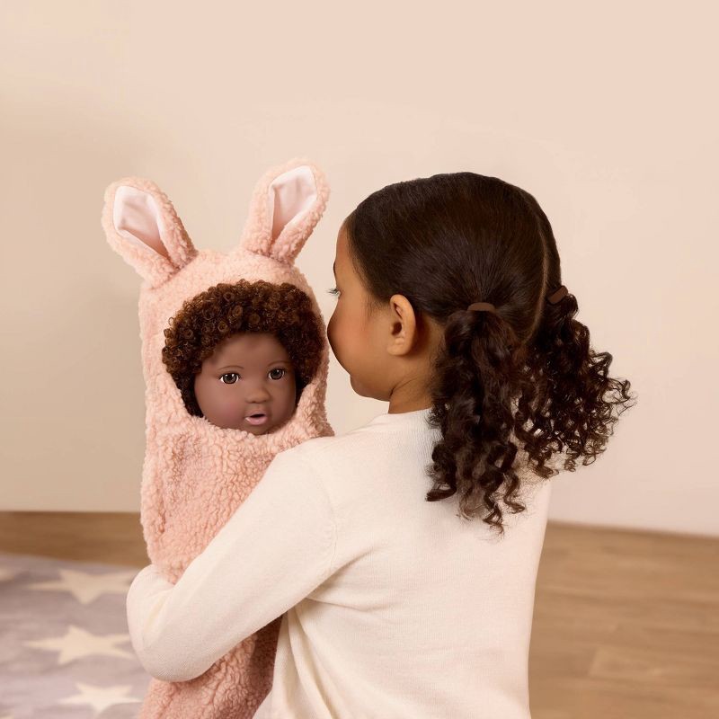 slide 3 of 8, LullaBaby 14" Baby Doll with Curly Brown Hair and Brown Eyes with Cuddler Wrap, 1 ct