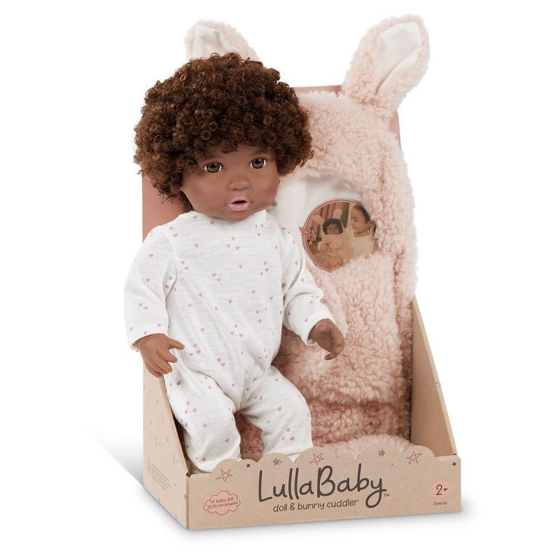 slide 8 of 8, LullaBaby 14" Baby Doll with Curly Brown Hair and Brown Eyes with Cuddler Wrap, 1 ct