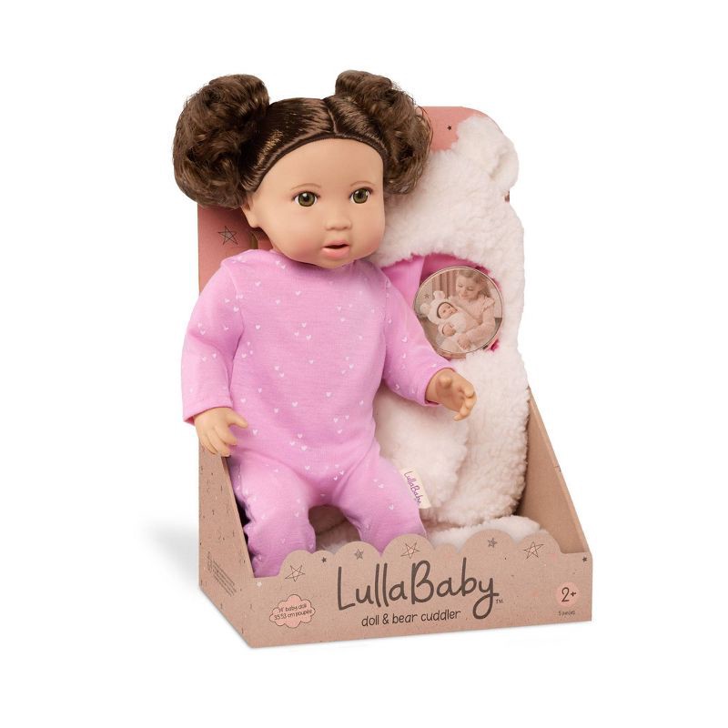 slide 8 of 8, LullaBaby 14" Baby Doll with Wavy Brown Hair & Brown Eyes with Cuddler Wrap, 1 ct