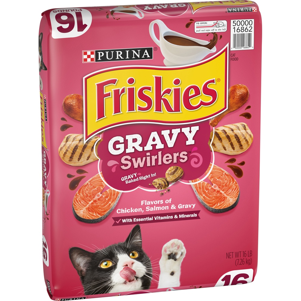 slide 2 of 9, Purina Friskies Gravy Swirlers with Flavors of Chicken, Salmon & Gravy Adult Complete & Balanced Dry Cat Food - 16lbs, 