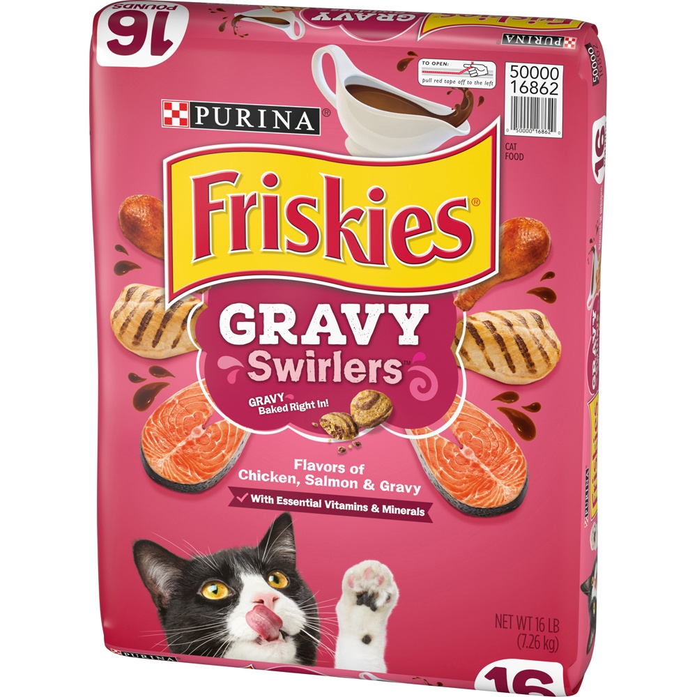 slide 3 of 9, Purina Friskies Gravy Swirlers with Flavors of Chicken, Salmon & Gravy Adult Complete & Balanced Dry Cat Food - 16lbs, 