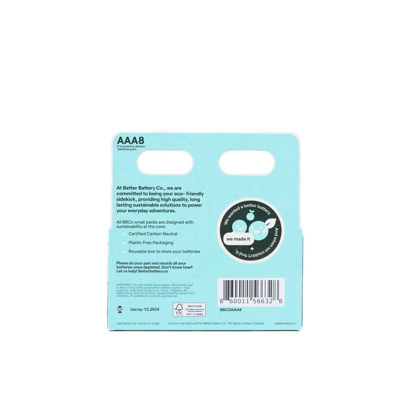 slide 3 of 4, Better Battery Co. AAA8 Pack High Performance Certified Carbon Neutral Alkaline Batteries: Household, Single-Use, 1.5V, 8 Count., 8 ct