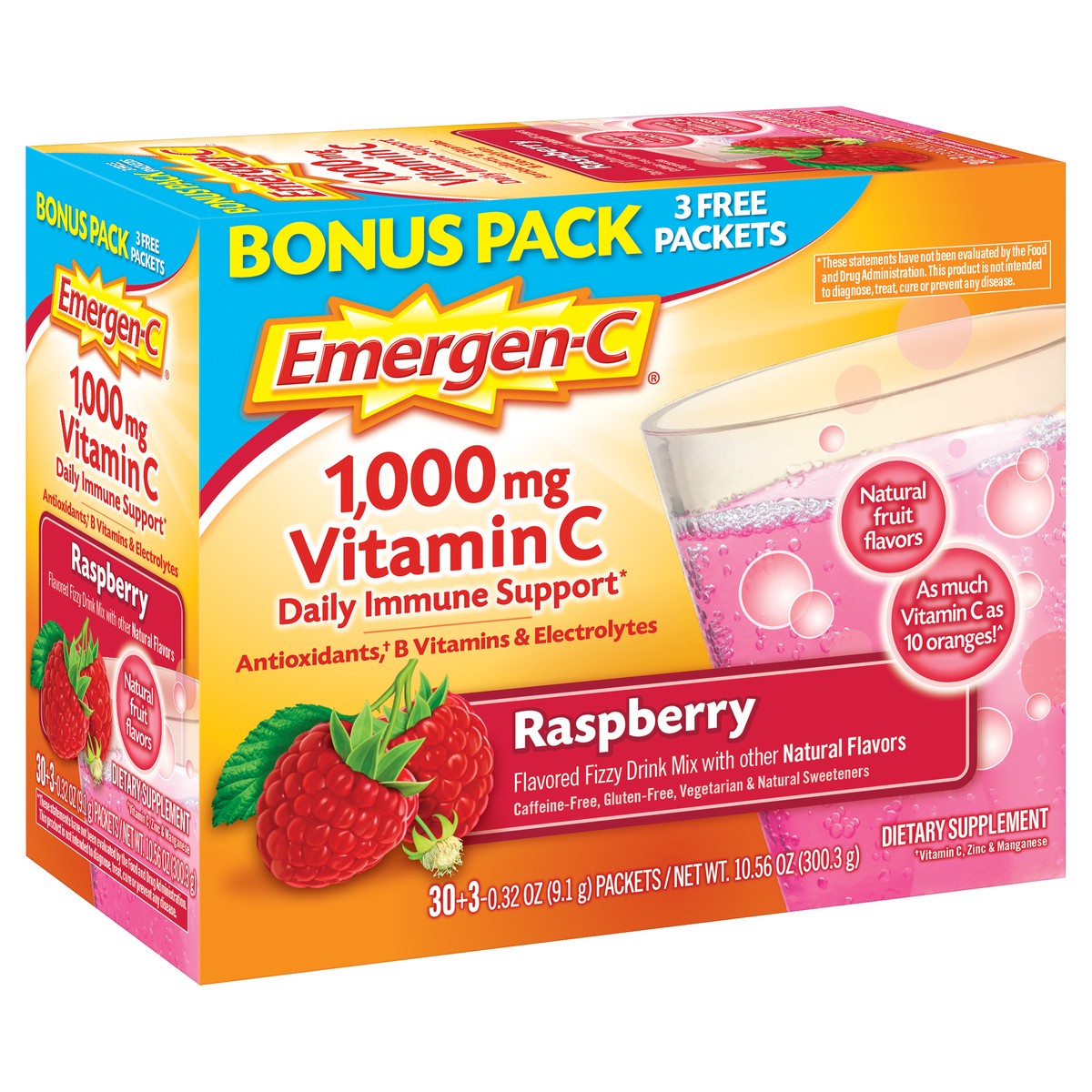 slide 3 of 5, Emergen-C Vitamin C, 1000 mg, Raspberry, Bonus Pack, 33 ct