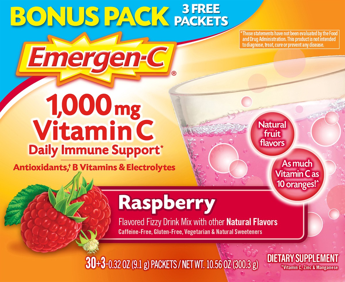 slide 2 of 5, Emergen-C Vitamin C, 1000 mg, Raspberry, Bonus Pack, 33 ct