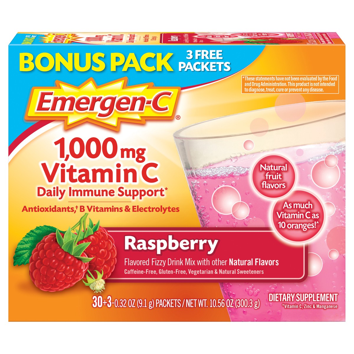 slide 1 of 5, Emergen-C Vitamin C, 1000 mg, Raspberry, Bonus Pack, 33 ct