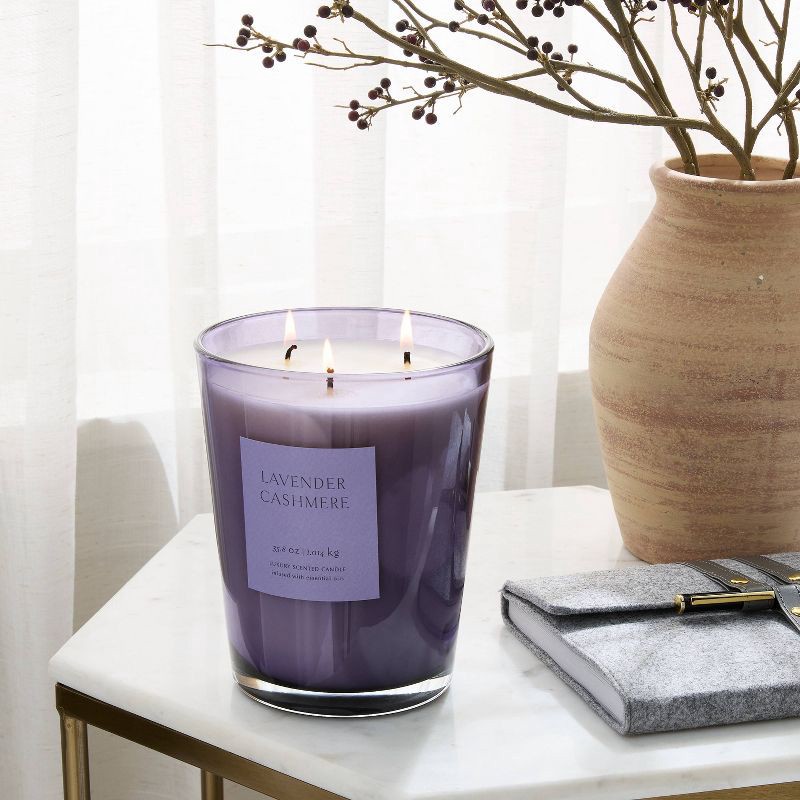 slide 2 of 4, 35oz Colored Vase Glass with Dustcover Lavender Cashmere Candle - Threshold™, 35 oz