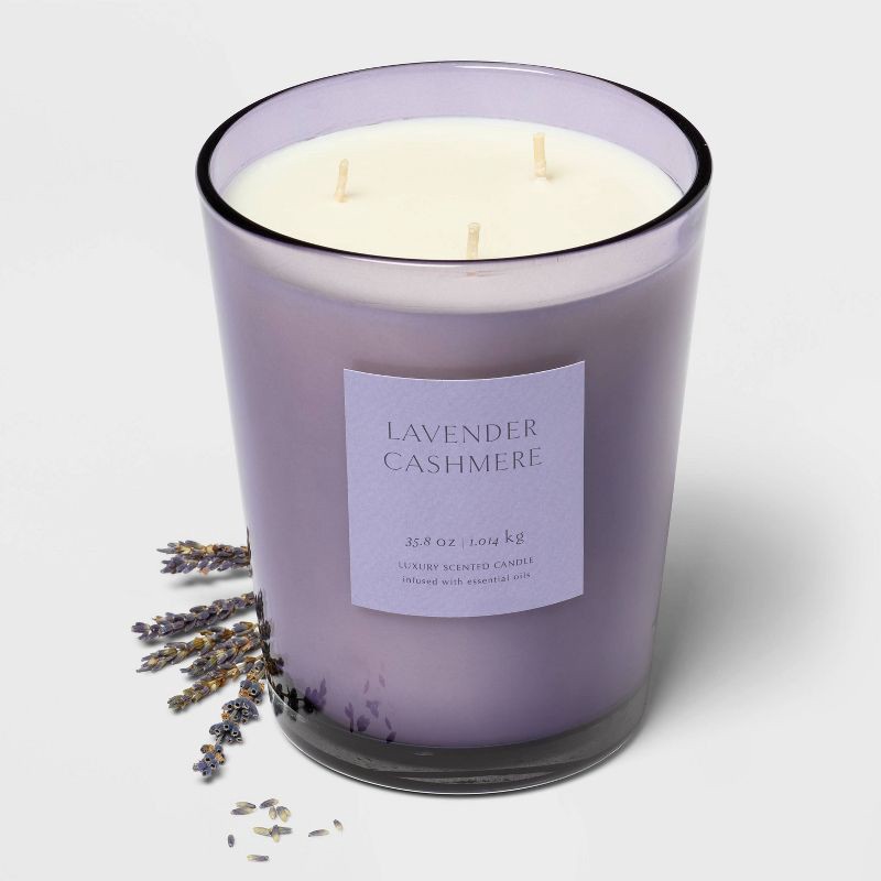 slide 3 of 4, 35oz Colored Vase Glass with Dustcover Lavender Cashmere Candle - Threshold™, 35 oz