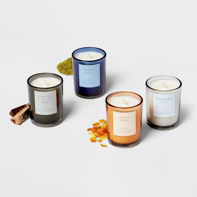 slide 3 of 3, 4pk Candle Gift Set Rainwater Lily + Marine Moss + Desert Amber + Charcoal Black Teak - Threshold™, 4 ct
