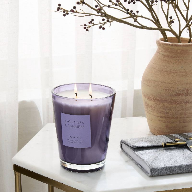 slide 2 of 4, 20oz Colored Vase Glass with Dustcover Lavender Cashmere Candle - Threshold™, 20 oz