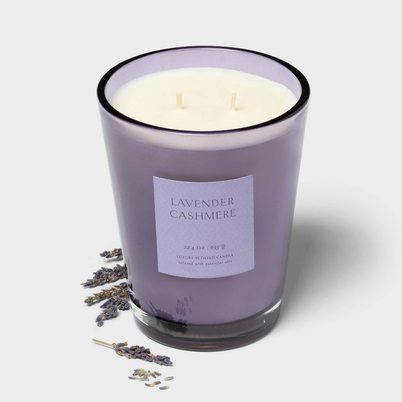 slide 3 of 4, 20oz Colored Vase Glass with Dustcover Lavender Cashmere Candle - Threshold™, 20 oz