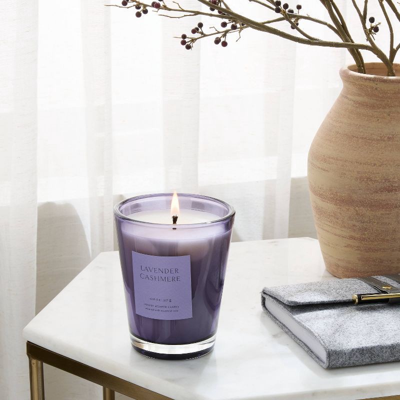 slide 2 of 4, 12oz Colored Vase Glass with Dustcover Lavender Cashmere Candle - Threshold™, 12 oz