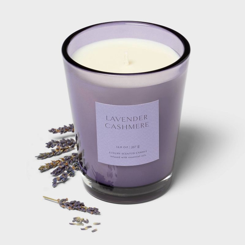 slide 3 of 4, 12oz Colored Vase Glass with Dustcover Lavender Cashmere Candle - Threshold™, 12 oz
