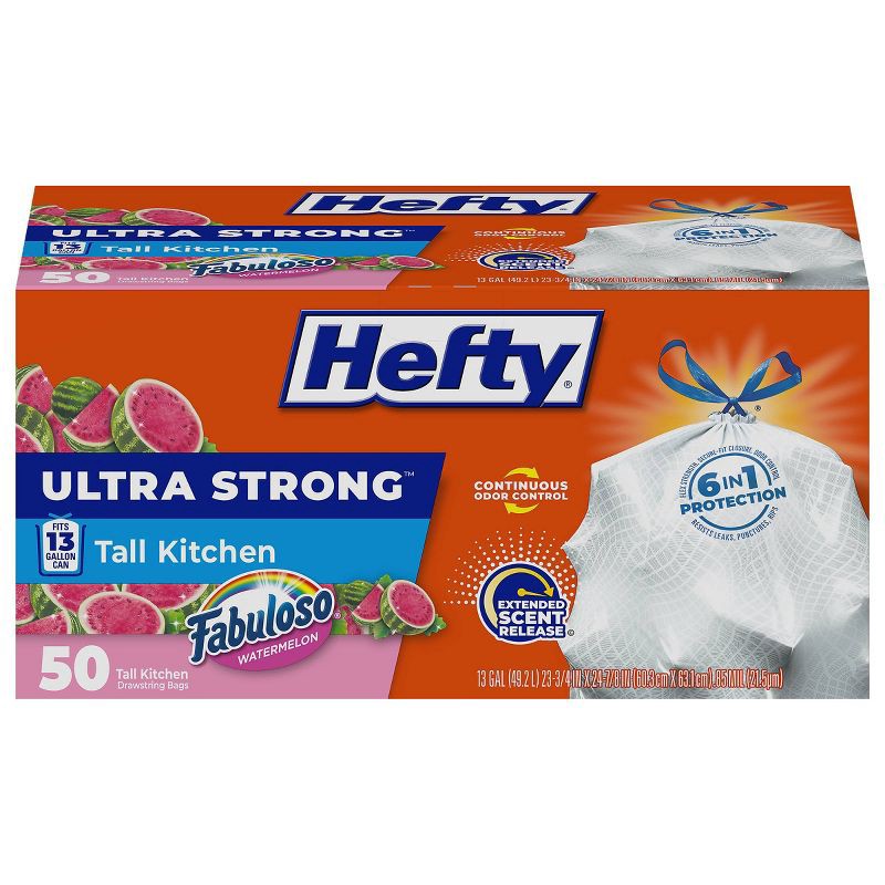 slide 1 of 9, Hefty Ultra Strong Fabuloso Tall Kitchen Drawstring Trash Bags - Watermelon - 50ct, 50 ct