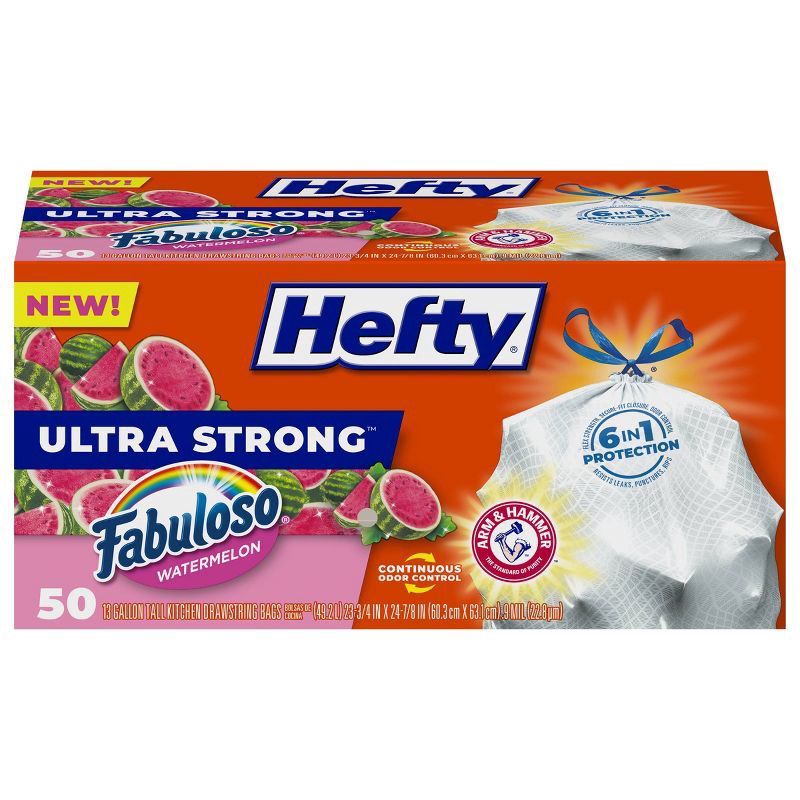 slide 1 of 9, Hefty Ultra Strong Fabuloso Tall Kitchen Drawstring Trash Bags - Watermelon - 50ct, 50 ct