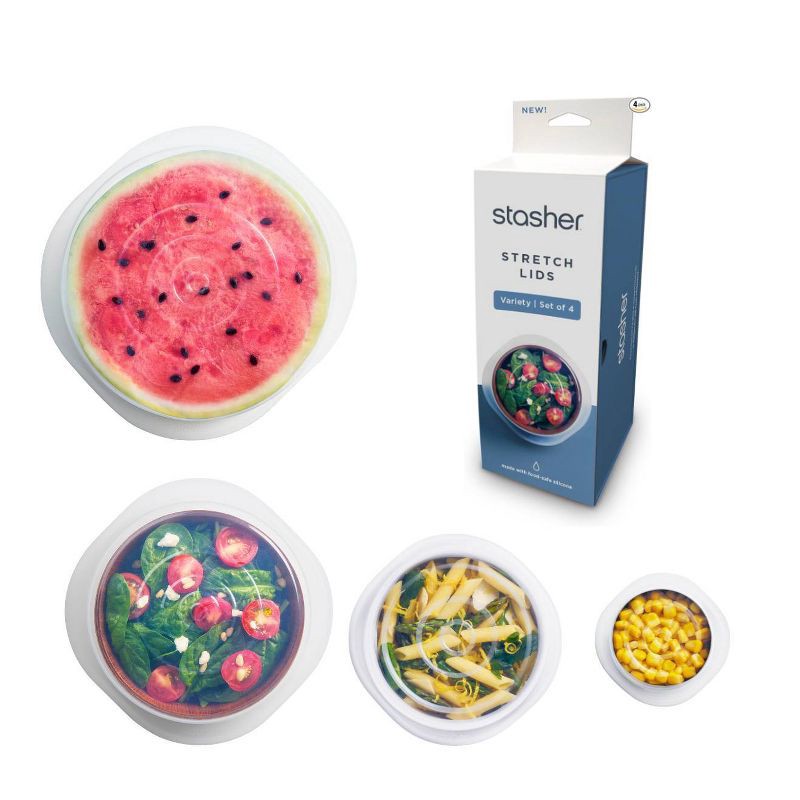 slide 1 of 8, stasher Premium Silicone Reusable Food Storage Lids Starter Kit - Clear - 4pk, 4 ct