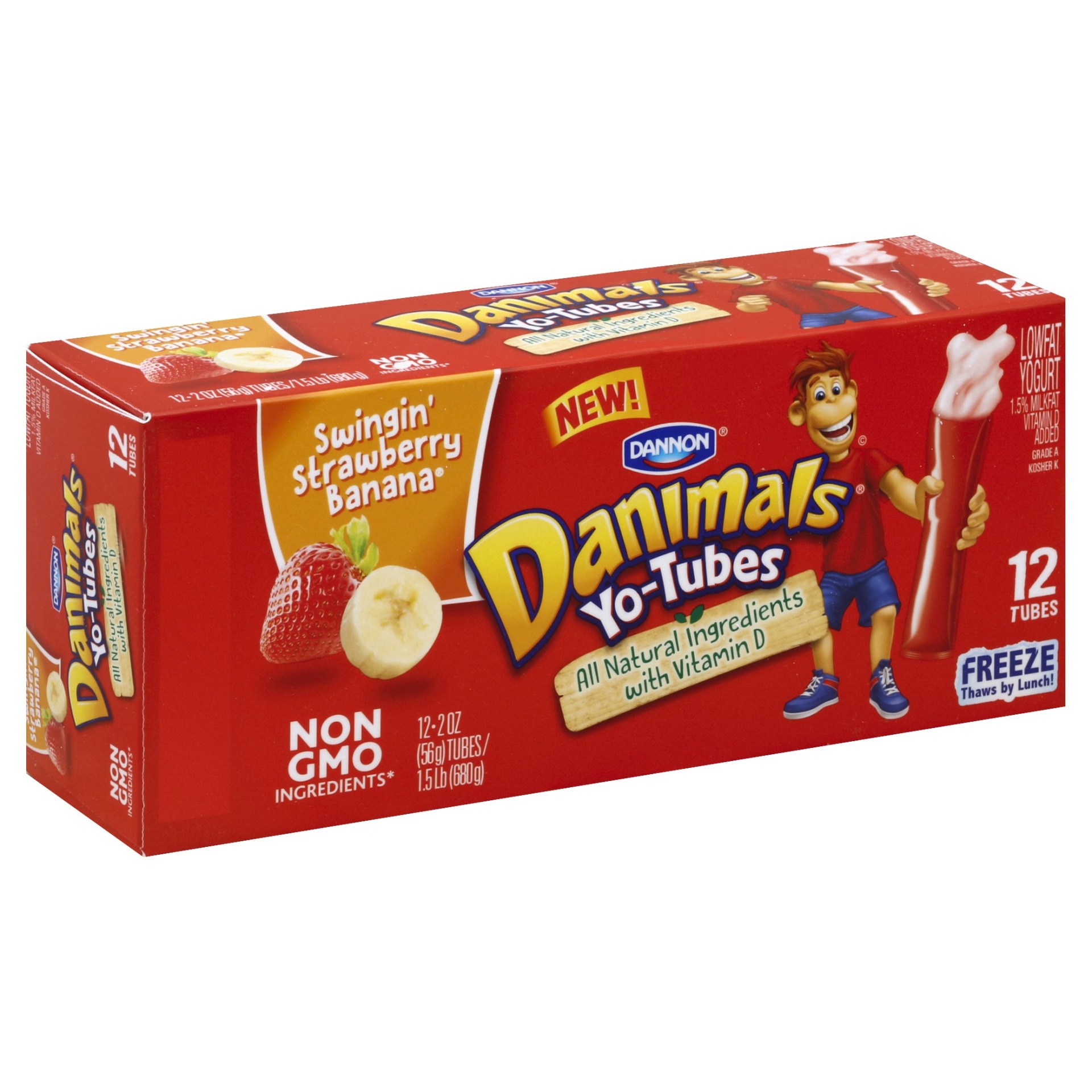 slide 1 of 1, Dannon Danimals Yo-Tubes Swinging Strawberry Banana Low Fat Yogurt, 12 ct; 2 oz