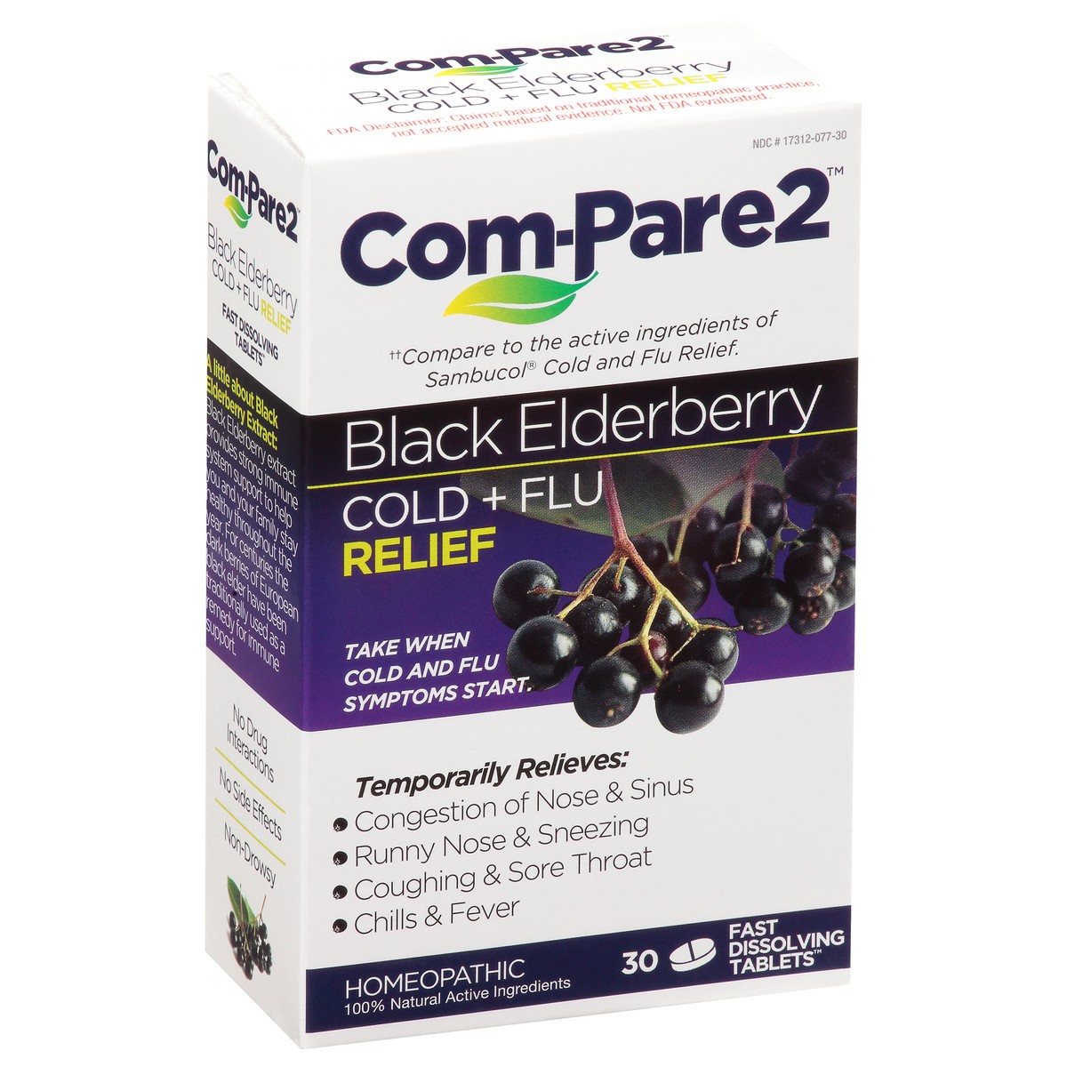 slide 9 of 9, Com-Pare2 Homeopathic Black Elderberry Cold + Flu Relief Fast Dissolving Tablets 30 ea, 30 ct