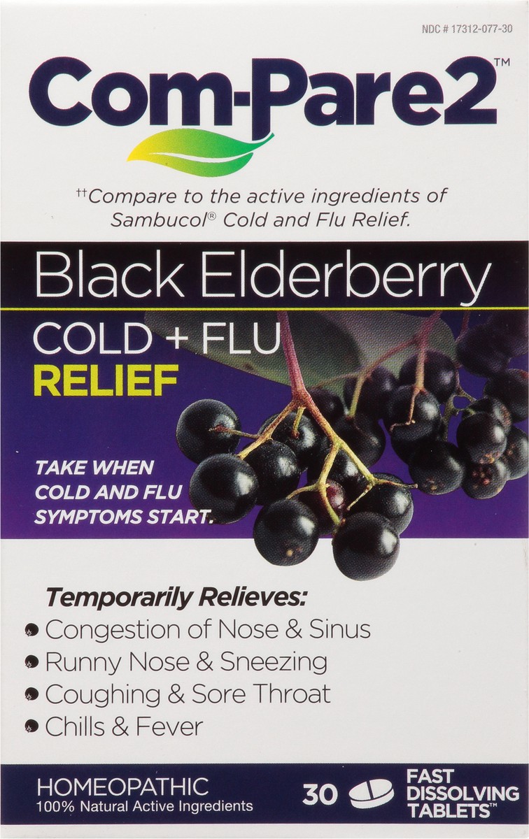 slide 1 of 9, Com-Pare2 Homeopathic Black Elderberry Cold + Flu Relief Fast Dissolving Tablets 30 ea, 30 ct